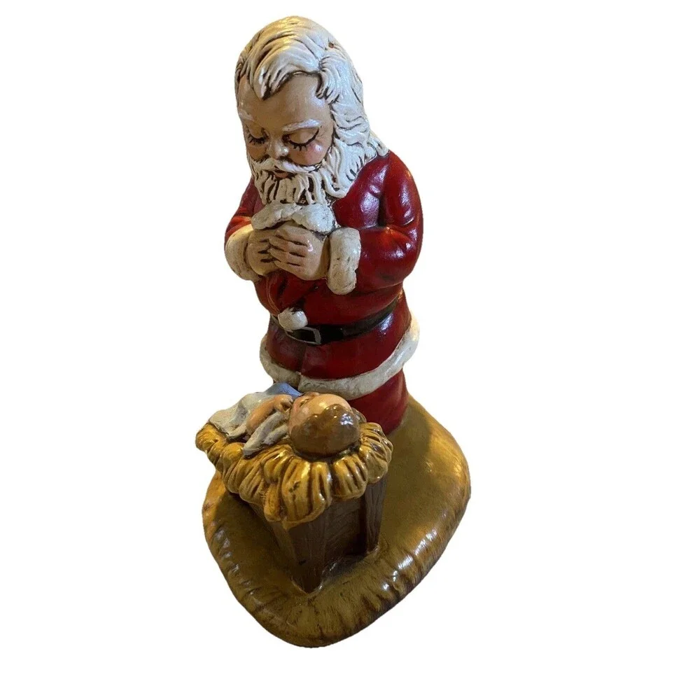 VTG 1984 Provincial Ceramic Mold Santa Claus Kneeling Over Baby Jesus Figurine